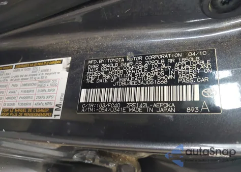 2010 Toyota Corolla Le из США, поврежденный, VIN JTDBU4EE3AJ061668